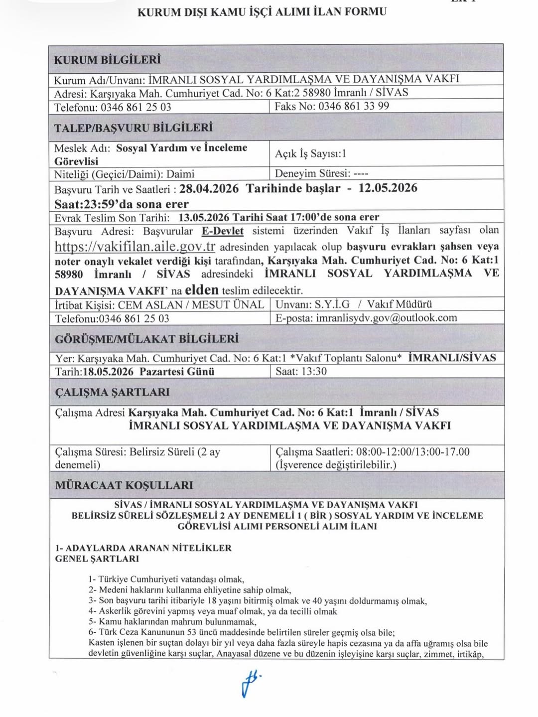 İmranlı Sosyal Yardımlaşma Vakfı'na Personel Alınacak İmranlı Sosyal Yardımlaşma Vakfı'na Personel Alınacak